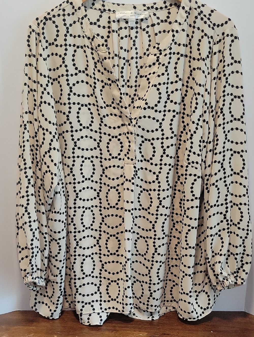 Chelsea & Theodore Womens Long Sleeve Plus 3X Blouse Ivory Black Dotted Bead